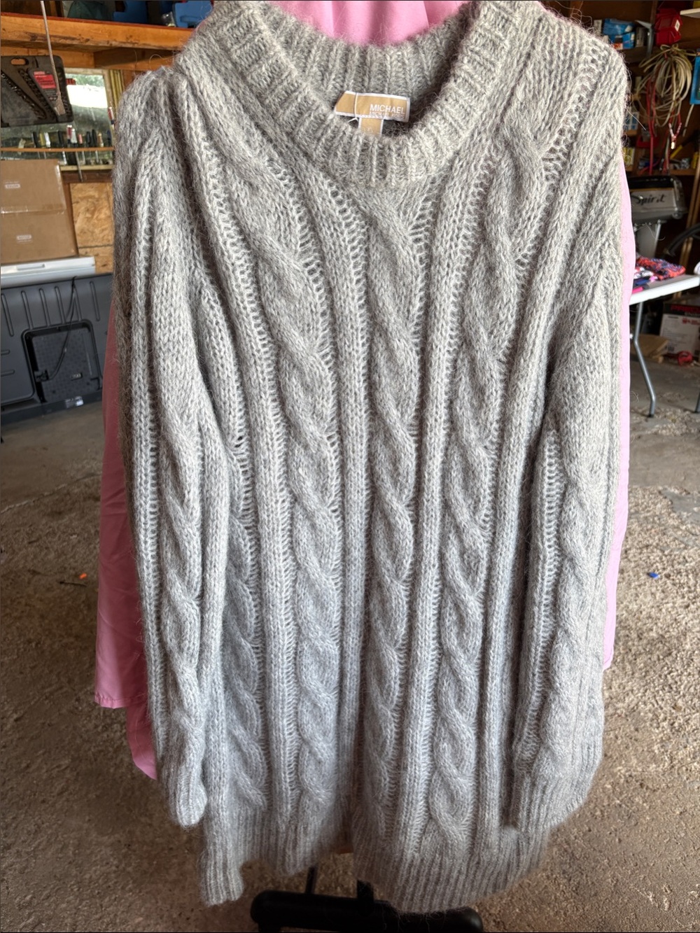 Michael Kors Light Gray Cable-Knit Crewneck Sweater Dress